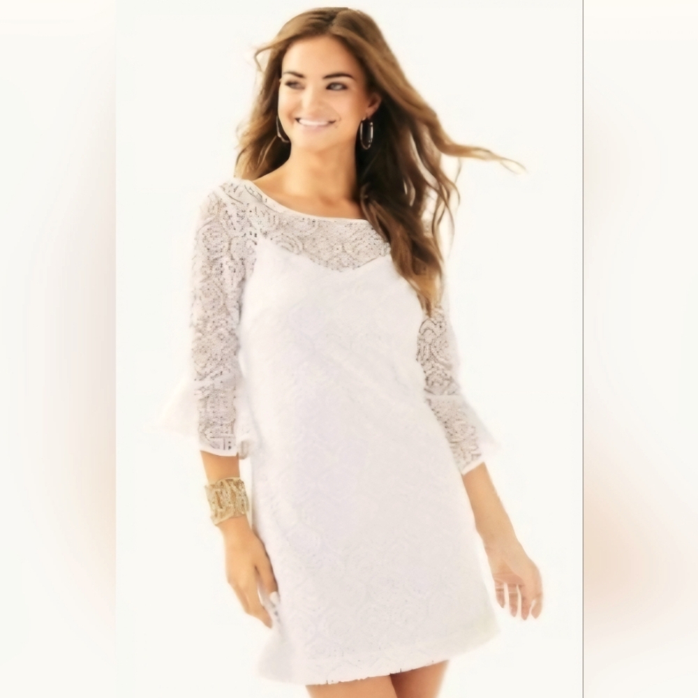 Lilly Pulitzer Resort White Fontaine Dress With Flowing Leaf Lace -Size XL